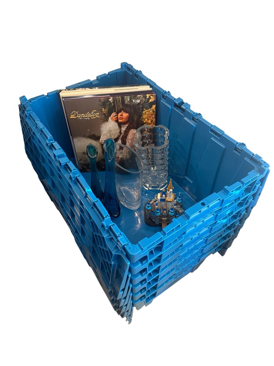 Berkeley Storage tote packed with vinyl records, glassware, and a small collectible